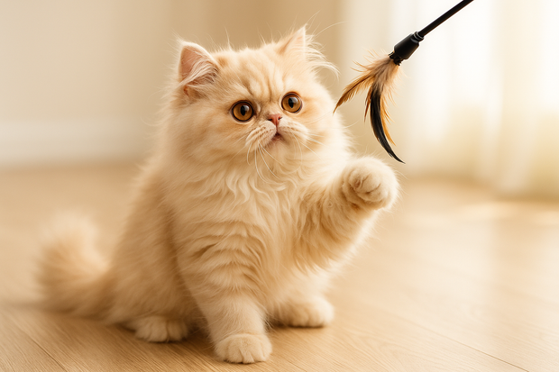 Un chaton persan en train de jouer avec un plumeau, un baton jouet avec une plume au bout 