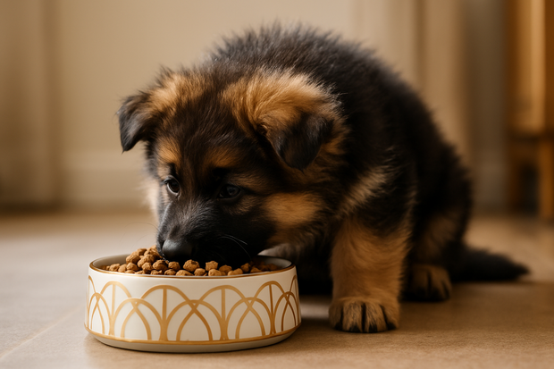 Un chiot berger allemand poil long en train de manger ses croquettes dans une belle gamelle design 