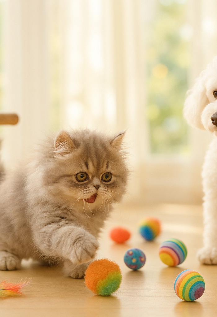 Un jôi chaton persan en train de jouer avec pleins de jouets et un caniche blanc qui le regarde , derriere perché sur un beau perchoir , un perroquet qui les regarde , fond tres clair lumineux joyeux