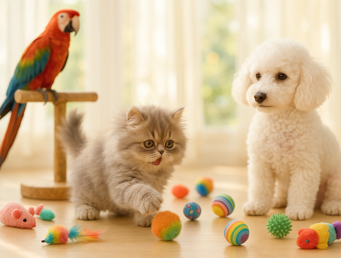 Un jôi chaton persan en train de jouer avec pleins de jouets et un caniche blanc qui le regarde , derriere perché sur un beau perchoir , un perroquet qui les regarde , fond tres clair lumineux joyeux